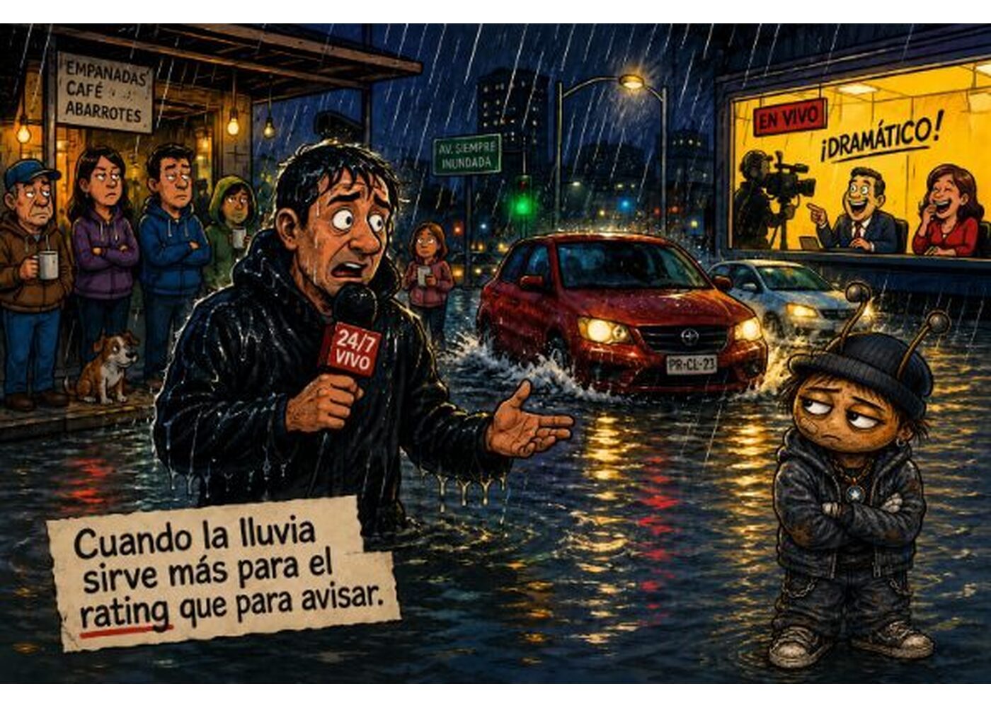 Lluvias frente atmosférica complejo adivinen quienbse soba las manos el mas amarillo de todos los canales de televisión mandando reporteros a mojarse con el agua hasta el cuello pa
