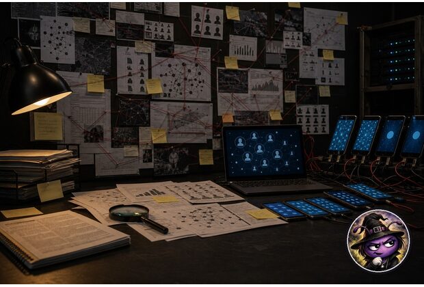 Mesa de investigación con teléfonos, cables y documentos sobre cuentas anónimas, con Bruja Marco en un medallón circular de autor.
