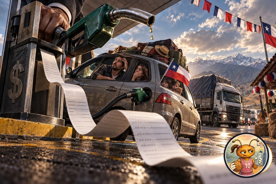 Caricatura hiperrealista cinematográfica de una familia cargando combustible antes de viajar por Fiestas Patrias, con Korre Camino como medallón de autor.
