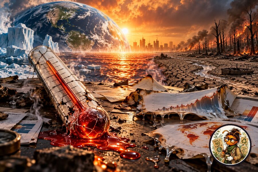 Caricatura hiperrealista cinematográfica del planeta sobrecalentado con termómetro quebrado, informes derretidos y Eco Longista como medallón de autor.