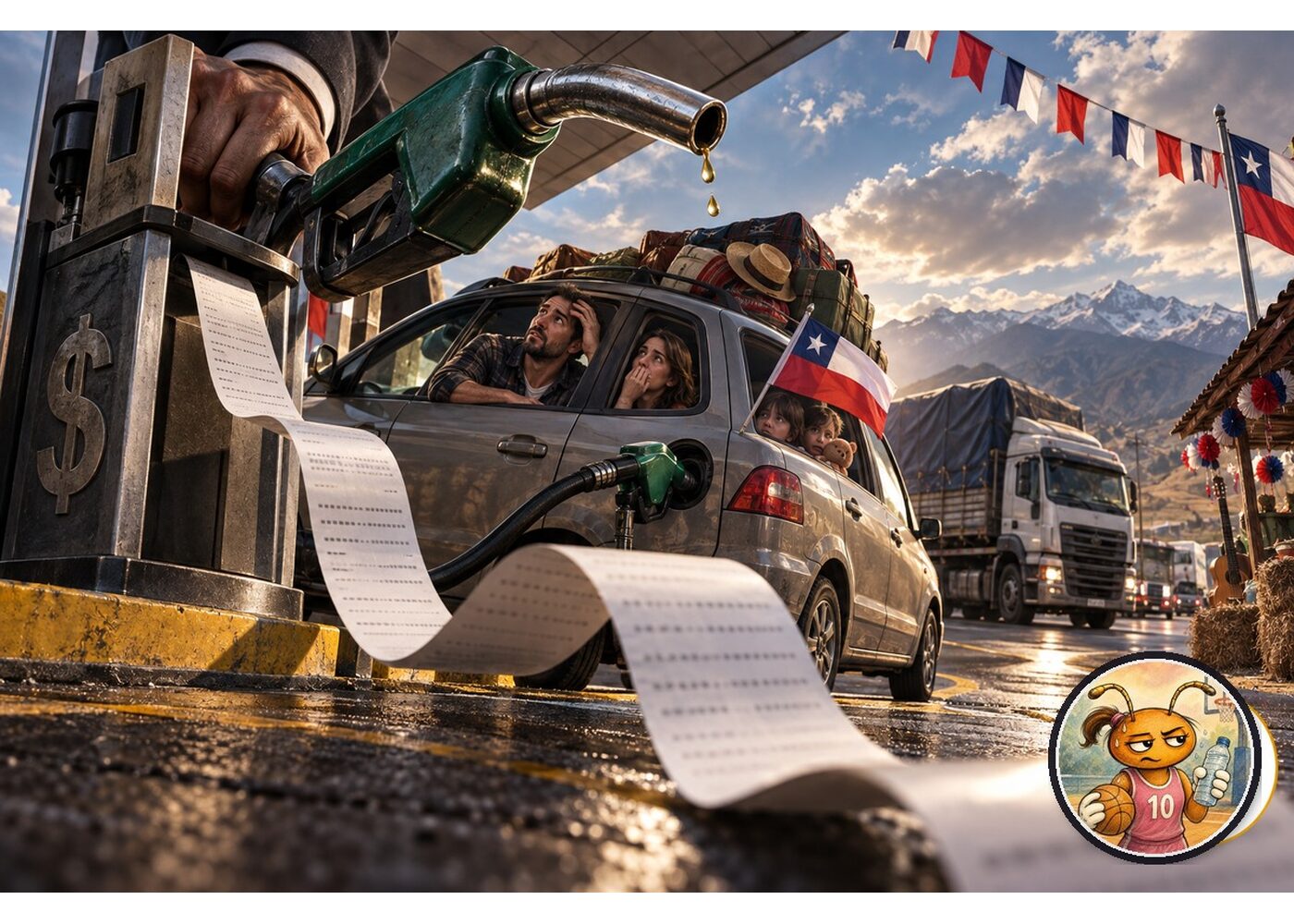 Caricatura hiperrealista cinematográfica de una familia cargando combustible antes de viajar por Fiestas Patrias, con Korre Camino como medallón de autor.