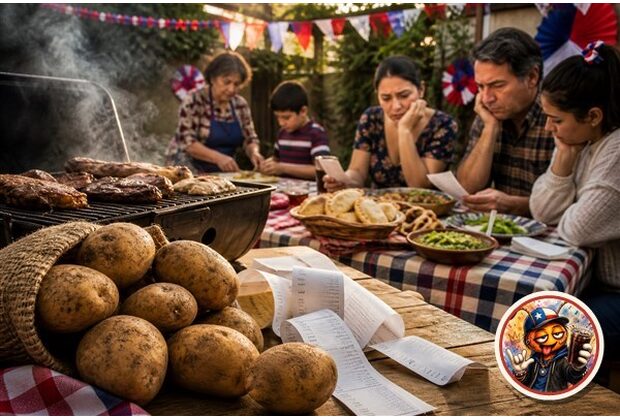 Papas, boletas y parrilla de Fiestas Patrias en una mesa familiar, con Huachaca Rete como sello de autor.
