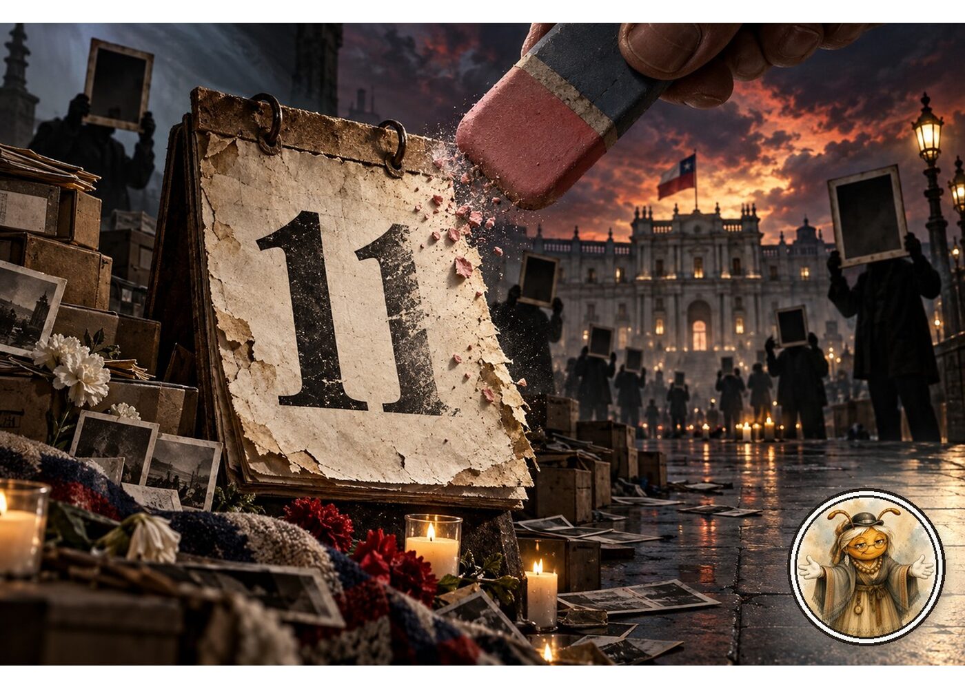 Caricatura hiperrealista cinematográfica del 11 de septiembre en Chile, con calendario, archivos, velas, La Moneda al fondo y Ancestral Ista como medallón de autor.