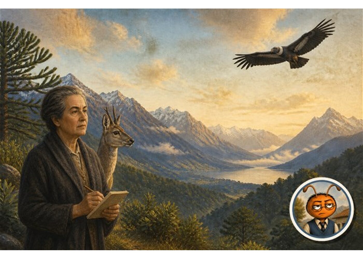 Gabriela Mistral observa un huemul sereno y un cóndor en vuelo sobre la cordillera chilena, con Profe Lucho como sello de autor.