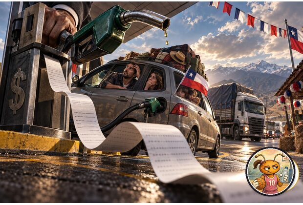 Caricatura hiperrealista cinematográfica de una familia cargando combustible antes de viajar por Fiestas Patrias, con Korre Camino como medallón de autor.