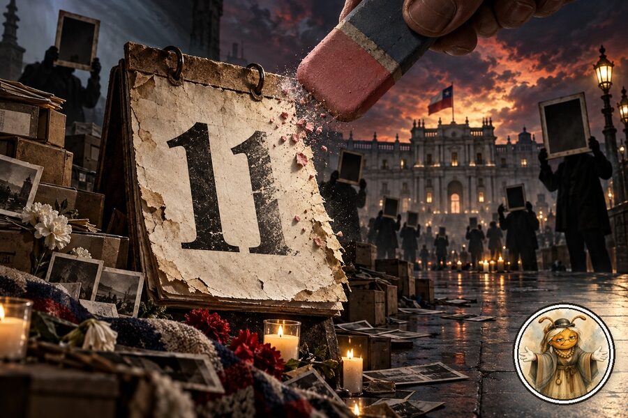 Caricatura hiperrealista cinematográfica del 11 de septiembre en Chile, con calendario, archivos, velas, La Moneda al fondo y Ancestral Ista como medallón de autor.